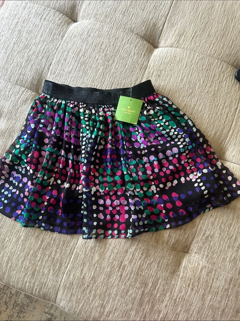 NWT Kate Spade Black Skater Skirt with Multicolor Dot Print Size 8